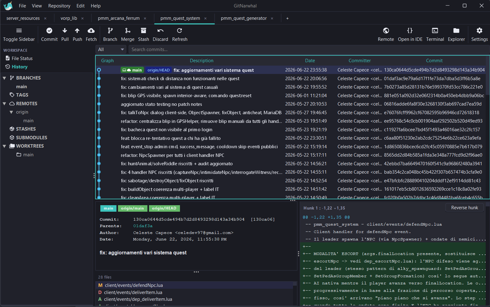 GitNarwhal showing multiple repository tabs, commit history graph, and diff panel